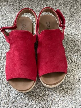 Corkys Red Suede Open-Toe Wedge Sandals